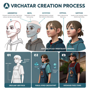 Step-by-step illustration of VRChat avatar creation process. Various stages of 3D modeling and painting showcased.