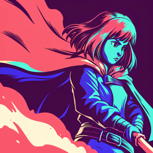 Digital art of Megumin from Konosuba with intense expression. She stands in a dynamic pose. Her hair and clothes are depicted in vibrant colors. Background is a stark black
