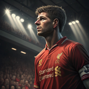 Steven Gerrard, in a serious pose. Wearing a red Liverpool jersey with Standard Chartered logo. Stadium lights create dramatic shadows. Focused crowd blurred in the background.