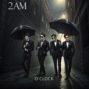 Album cover for 2AM's 'o'Clock'. The five members of 2AM are dressed in black tuxedos and dark sunglasses, each holding an elegant black umbrella. The background is a dimly lit rainy alleyway, creating a moody and atmospheric vibe. The album title 'o'Clock' is displayed in sleek, modern typography at the bottom of the image.