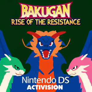 Cover art for Bakugan: Rise of the Resistance, a Nintendo DS game. Vibrant cartoon-style characters, Bakugan creatures in green and red hues, metallic accents, surrounded by the Activision and Nintendo DS logos.
