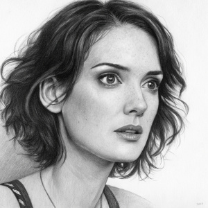 Hyper-realistic portrait of Winona Ryder in charcoal. Detailed depiction of her face, expressionist style.