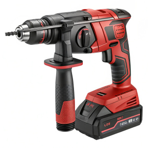 High-resolution image showcasing the Einhell cordless rotary hammer. Tool features a red and black color scheme with a robust build and sturdy grip. It supports SDS-plus-bit mounting system with auto-slip-in function.
