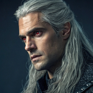 Henry Cavill in a promotional photo for a fantasy series. Long, silvery-white hair, intense stare. Dark background, highlighting facial features