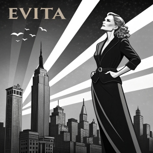 Solea Pfeiffer in promotional poster for 'Evita'. New York City skyline background, black and white theme, bold graphic design.