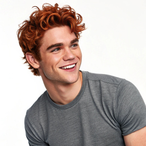 KJ Apa, young actor with curly red hair and a friendly smile, dressed in a gray t-shirt. Professional headshot against plain white background