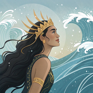 Legendary Nyi Roro Kidul, Queen of the Southern Java Sea, poses in a mystical setting. Dark hair flows freely, interwoven with golden threads that gleam like celestial bodies. Surrounded by a backdrop of swirling oceanic blues and whites, her form is a tapestry of intricate designs that shimmer with an ethereal glow.