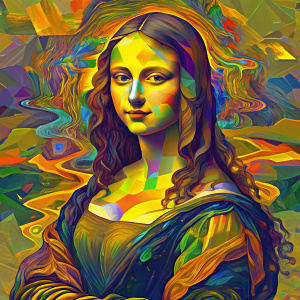 bizzare pop art themed Monalisa strain art, pop culture, 90s vibe,  --ar 1:1 --v 6.0