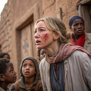 Cate Blanchett as Susan Jones in a tense scene from 'Babel'. Bloodied and distraught, surrounded by children of various ethnic backgrounds. The children's expressions range from concern to curiosity. Shot on location in Morocco, with a rustic stone building as backdrop.