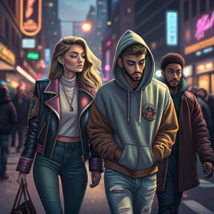 Gigi Hadid and Zayn Malik walking down a bustling city street, joined by an unknown friend. Street filled with diverse crowd and urban lights.