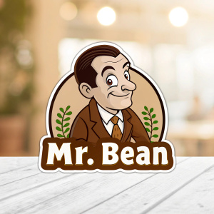 Mr. Bean logo featuring a whimsical cartoon character. Brown color scheme, set against a softly blurred backdrop. Text 'Mr. Bean' positioned below the graphic.