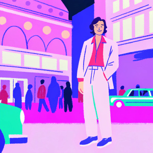 Harry Styles in a casual outfit, standing outside the London Palladium. Crowded street scene.