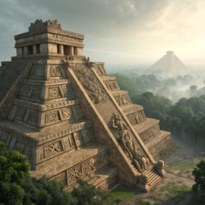 Digital illustration of an ancient pyramid inspired by both Mayan and Aztec architecture. The structure features intricate carvings and a large, central face.