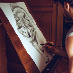 Hyper-realistic pencil sketch of a wolf. The wolf is depicted in mid-leap. Detailed facial features and thick fur.