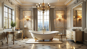 Hollywood Regency style. A Hollywood Regency bathroom featuring a luxurious freestanding bathtub.