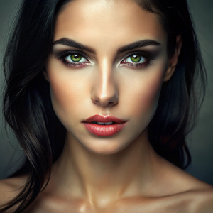 chica hermosa sin maquillaje con pelo negro y ojos verdes labios grandes