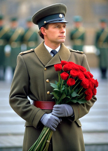 russian soldier with flowers