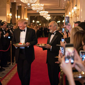Donald Trump and Sean Connery attending a glamorous charity gala. Guests are snapping pictures with their smartphones, atmosphere is enthusiastic.