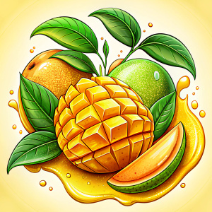 I want a mango split in half and around it a flying mango pieces juice drops.