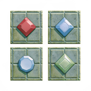 Animated emotes for League of Legends featuring vibrant gemstone accents and a grid-like pattern. Colors include metallic red, blue, and green. Set against a dark background.
