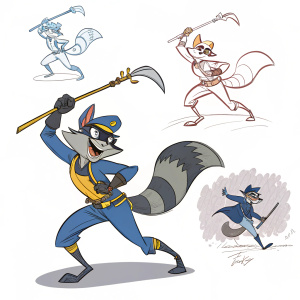Concept art for Sly Cooper featuring numerous sketches showcasing diverse poses and outfits.