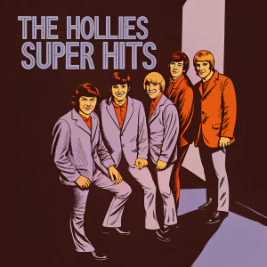 The Hollies, iconic band of the 60s, posing for an album cover. Their outfits a blend of mod suits and casual attire. Album title 'The Hollies Super Hits' displayed prominently
