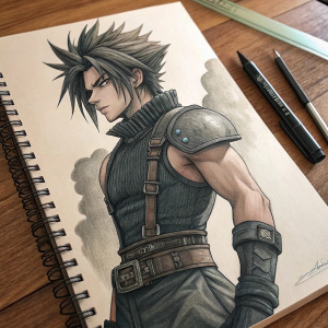 A sketch of Cloud Strife from Final Fantasy VII. Dark hair, muscular build. Pencil drawing with detailed shading. Open sketchbook with artwork on wooden surface.