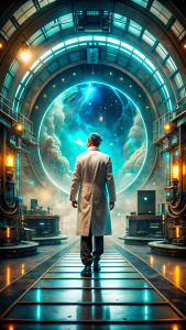 scientist in a futuristic laboratory, crossing a portal to another universe, science fiction, cyberpunk