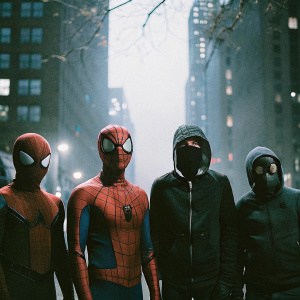 Multiple Spider-Man characters from different eras. Standing in line against a dark, cityscape backdrop.