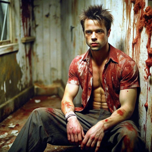 tyler durden  covered wit blood sitting in 90's moldy house
