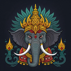 Fantasy illustration of Erawan and Kaitabha. Cartoonish style, dark background, intricate details.