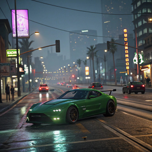 An action-packed screenshot from Grand Theft Auto Online featuring a sleek green sports car cruising down a bustling city street at night. Neon signs and streetlights illuminate the scene, revealing a crowded urban landscape with various vehicles.