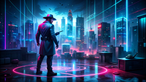 AI detective analyzing a crime scene in a virtual reality simulation, surrounded by neon clues and digital evidence trails.