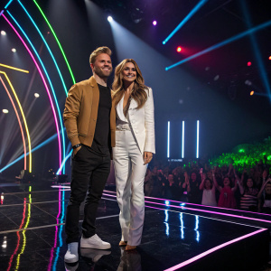 Derek Hough and Maria Menounos, standing on a glossy black stage. Backlit by neon lights. Crowd cheering in background.