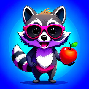 raccoon in dark  sunglasses eat apple, walking, laughing and waving, 