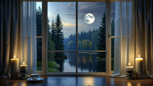 just window open curtain coffee candle full moon still water forest dark night midnight