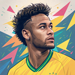 Neymar da Silva in a dynamic digital portrait. The vibrant illustration features a bright and colorful background. The athlete's eyes and iconic hairstyle are the focal points, set against a backdrop of geometric shapes and energetic colors. A modern, sleek font accompanies the image.