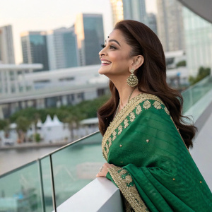 Aishwarya Rai, with radiant smile, in a candid photo shoot. Wearing a green saree with golden embroidery. Modern cityscape in background.