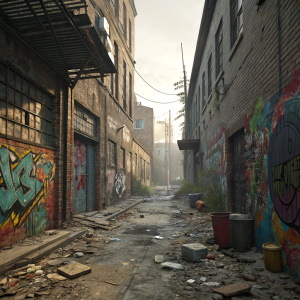 A 3D digital art scene depicting a derelict alleyway, walls adorned with vibrant graffiti and strewn with rubble and debris.