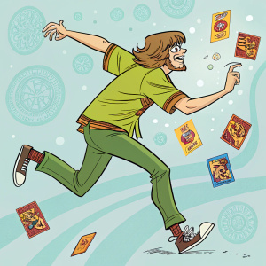 Illustration of Shaggy from Scooby Doo Snack Trading Cards. Shaggy is in a dynamic pose, reaching for a Scooby Snack.