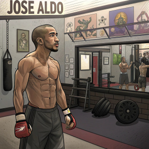 Jose Aldo, shirtless, standing in a gym with training equipment and motivational posters on the walls.