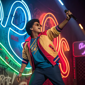 Bruno Mars in an energetic pose, surrounded by vibrant neon lights and graffiti.