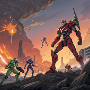 A vibrant and dynamic scene featuring characters from Evangelion. Numerous mechas in action poses. Background filled with explosions and fiery destruction.
