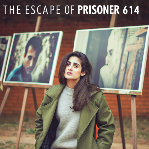 Shruti Ganguly in a candid photo shoot. Wearing a gray sweater and green trench coat. The backdrop features 'The Escape of Prisoner 614' movie posters on rugged easels.