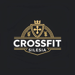 Logo design for CrossFit Silesia. Stylized emblem and brand name in a sleek, modern font. Set against a dark background, the golden emblem and text are prominently displayed. The design emphasizes simplicity and boldness.
