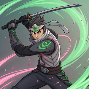 Genji, a young male character from Overwatch, in a fierce combat pose. Abstract green and pink background with digital effects.