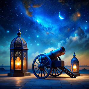 ramadan blue arabic nights with lantern and ramadan cannon