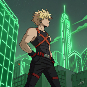 Katsuki Bakugo, a muscular teen with blonde hair, poses confidently in front of a neon green cityscape. His bold presence stands out against the futuristic backdrop.