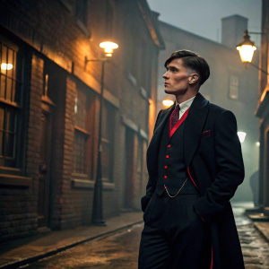 Cillian Murphy, dressed in a sleek black suit with red accents, intense stare. Stood amidst dimly lit, vintage Birmingham streets, Peaky Blinders backdrop.