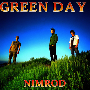 Album art for Green Day's 'Nimrod'. Band members looking serious. Dark studio backdrop